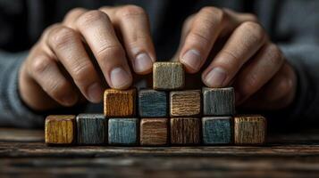 Digital hand organizing a pyramid of hex blocks with icons for various subjects and e-learning platforms, virtual education concept photo