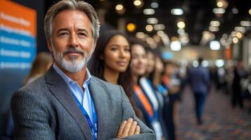 Professional coach addressing audience of business professionals at a conference, discussing strategy with impactful visuals photo