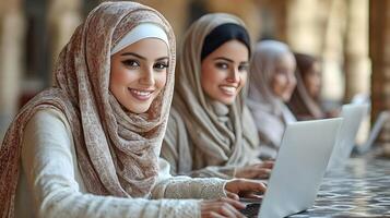Diverse group of colleagues smiling and focused on laptop, symbolizing teamwork and unity photo