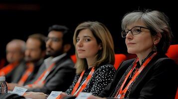Diverse team attending business training session in open office, seated in rows, focused on the presenter photo