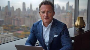 Middle-aged CEO working on a laptop in sleek office workspace, focused expression, modern business setting photo