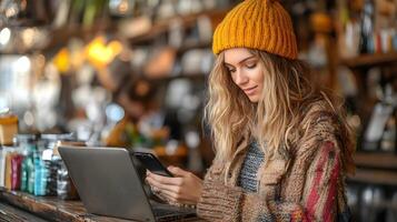Focused businesswoman looking at phone, laptop open, online shopping, professional office setting photo
