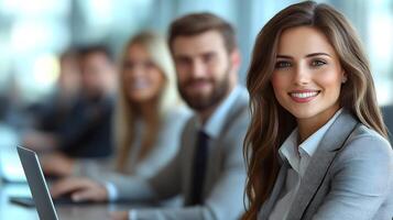 Business team smiling and looking at a laptop symbolizing unity and successful collaboration in a sleek modern workspace photo