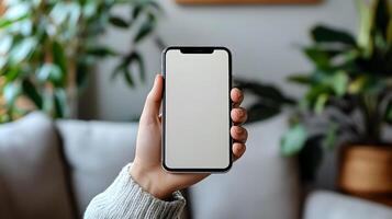 Professional man holding mobile with AI holograms extending, high-tech corporate atmosphere photo