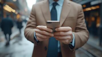 Executive reading messages on mobile phone office background modern technology in business photo