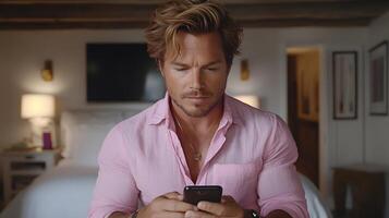 Executive checking emails on smartphone corporate background, technology in business photo