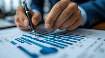 Business data analysis assistant with interactive graphs, AI-driven technology in modern office photo
