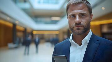 Confident businessman using smartphone in sleek office professional environment photo