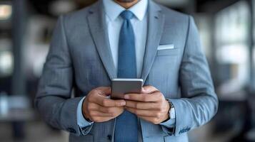 Executive using smartphone, office background with city view, mobile technology in business photo