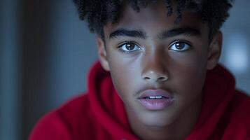 Young man studying digital network security icons, code and data safety glowing in low light photo