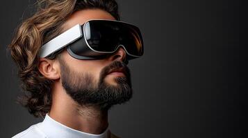 Business professional with virtual metaverse, global internet and connection graphics in high-tech office photo