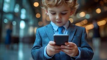Confident professional using smartphone in modern office, mobile communication focus photo