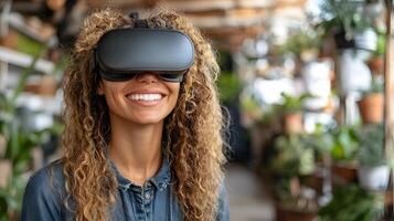 Woman in business attire presenting virtual metaverse connection, global network graphics overlay photo