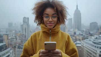 Corporate professional using mobile in office, cityscape in background, mobile productivity photo