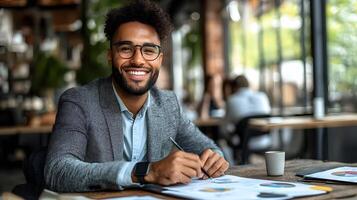 Business data assistant with AI technology analyzing graphs, modern corporate setting photo