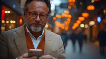 Executive checking emails on smartphone, corporate background, technology in business photo