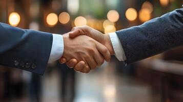Businessman shaking hands in celebration with team members, representing team success and goals reached photo