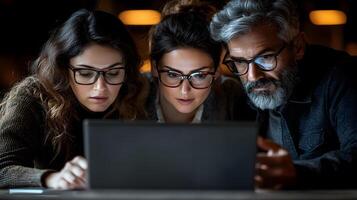 Asian business executive sharing screen from laptop, colleagues focused in a well-lit office photo