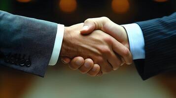 Two professionals shaking hands with smiles, symbolizing successful partnership and goal attainment photo