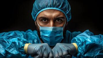 Doctor standing confidently in hospital operating theater, bright lights, professional expression photo