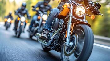 Friends riding motorbikes side by side on an open highway, freedom in the air, wide open landscape photo