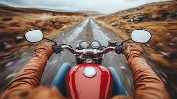 Young travelers on motorbikes, riding through green valleys, exploring the countryside together photo