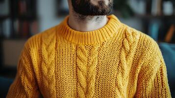 Sweater mockup on rough gray wall, close-up view, fabric details, minimalistic and warm style photo