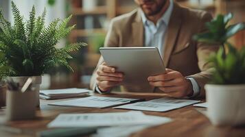 Man in office attire analyzing economic data on tablet modern and clean office decor photo