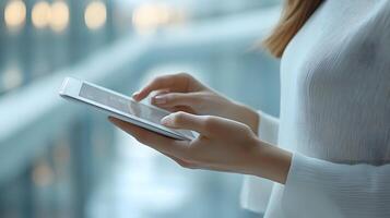 Business manager analyzing digital data on tablet, corporate office environment photo