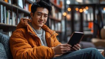 3D render of an Asian student sitting in a cozy space, laptop open, looking at smartphone, modern learning vibe photo