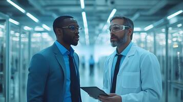 Two colleagues discussing ideas with tablet office setting, digital collaboration, 3D visualization photo