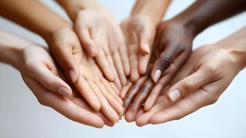 3D cartoon rendering of hands from diverse people coming together in a circle, teamwork concept, isolated on white background photo