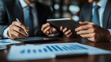 Two business people using tablet in meeting discussing project ideas, professional 3D visualization photo