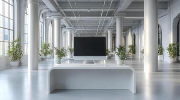 Bright open office with computer screen on desk, modern minimalist decor, blank wall on right, high-quality 3D rendering photo