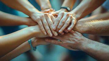 Teamwork and unity visual with hands from different people in a circle, 3D cartoon rendering, isolated on white background photo