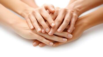 Cartoon-style hands from different people forming a circle, teamwork and unity, isolated on white background photo
