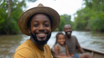 Multi-generational family enjoying a boat ride on a calm river, scenic surroundings, bonding and relaxed mood, diverse ages smiling together photo