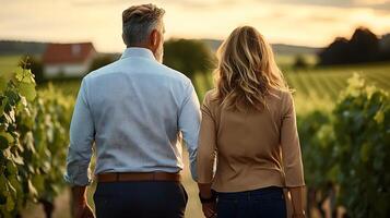 A couple walking through a vineyard at dusk, with a backdrop of soft, golden light photo