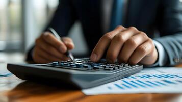 A professional hand efficiently using a calculator with graphs displayed in the background photo