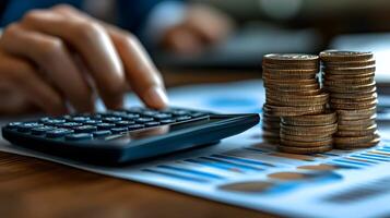 A businessman hand inputting numbers into a calculator beside stacked documents photo
