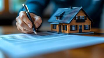 Clients consulting with a legal professional on house purchase contract in a clean, organized office photo