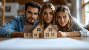 Lawyer guiding a couple through the property buying process with realistic contract papers in view. photo