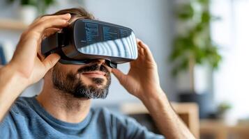 professional analyzing complex data with futuristic hologram elements in a modern office photo