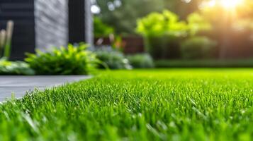 Scenic modern home with bright lawn grass and sleek design in sunlight photo