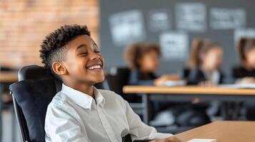 Inclusive classroom scene with students of various ethnicities and abilities learning together photo