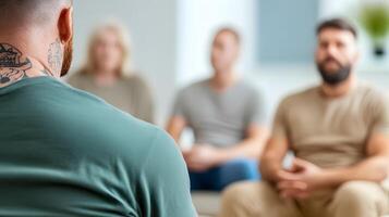 Group therapy session with people sitting in a supportive circle, sharing experiences photo