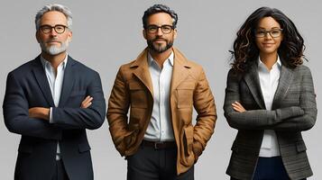 Formal 3D cartoon business professionals standing confidently on white photo