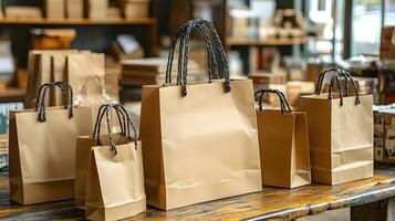 Clean and professional paper bag set mockup with various sizes, ideal for packaging branding concepts photo