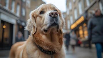 A visually impaired person walking with a guide dog in a vibrant cityscape background photo