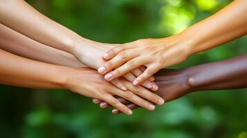 Hands of diverse coworkers coming together in a stack, unity and teamwork emphasized in a business environment photo